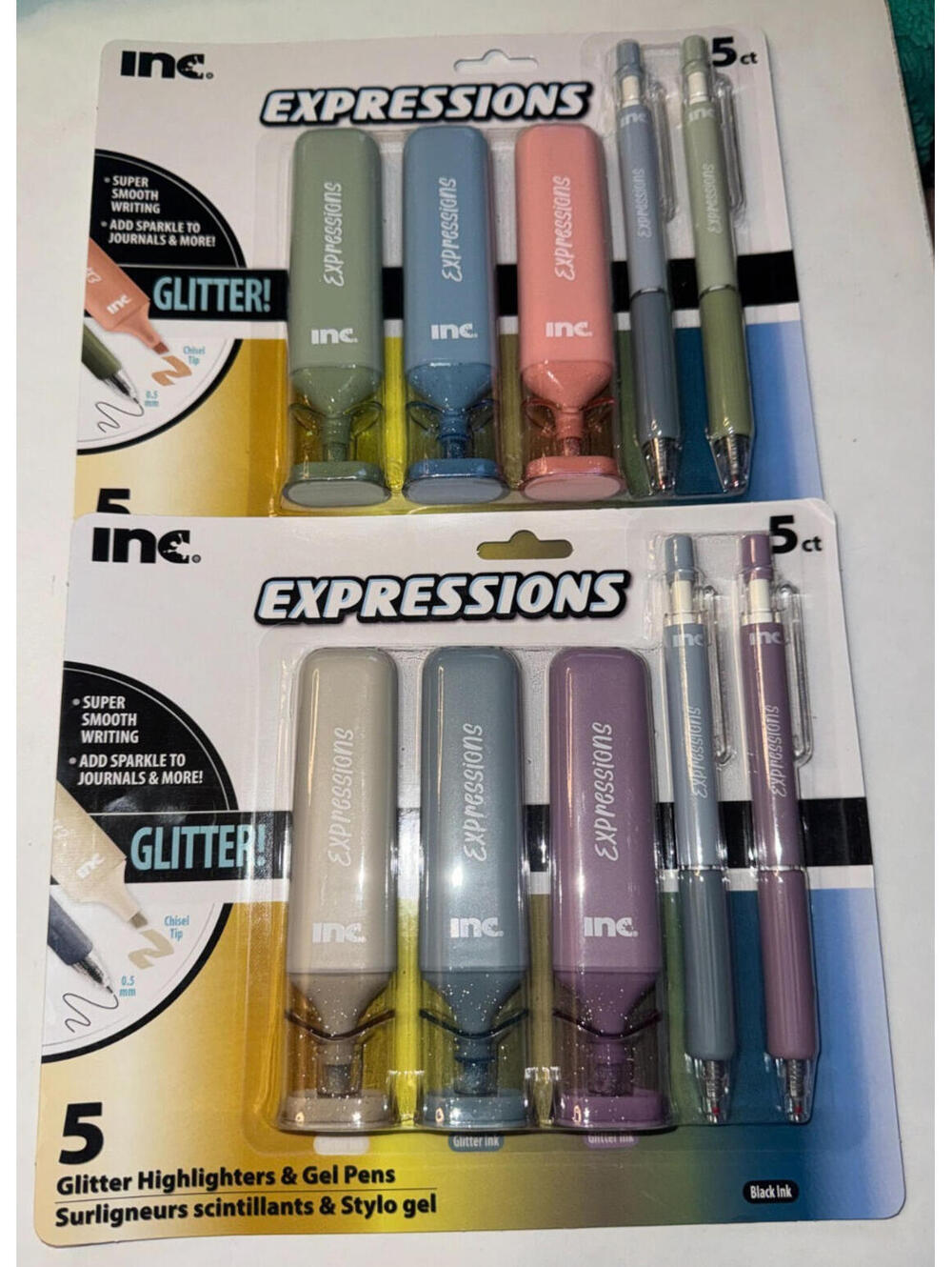 2 Packs of Inc. Expressions with 3 Glitter Highlighters & 2 Gel Pens Black Ink